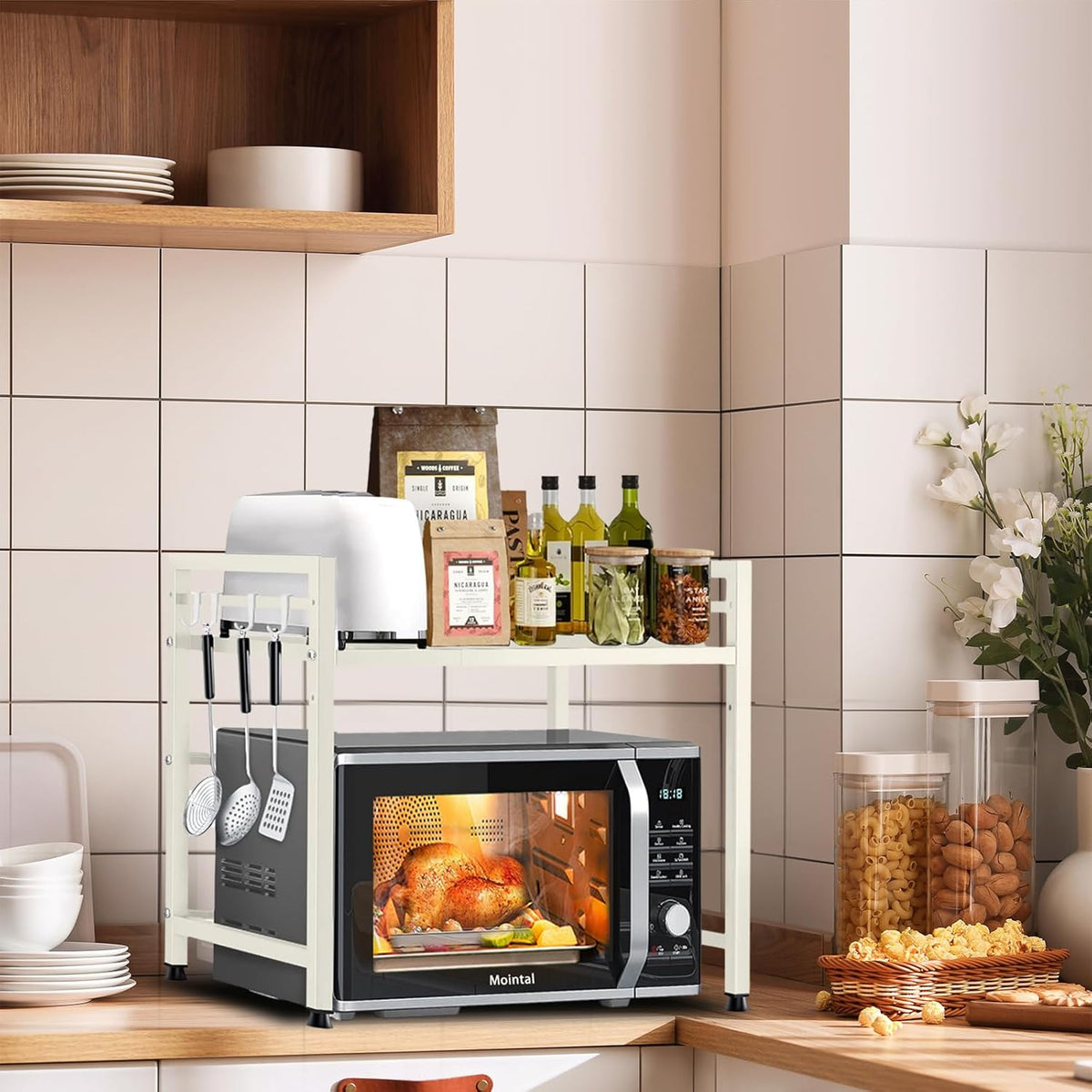 CARLA HOME 2-Tier Microwave Oven Rack with Adjustable Metal Kitchen Shelf Stand for Countertop Storage and 6 Hooks for Utensils (White)