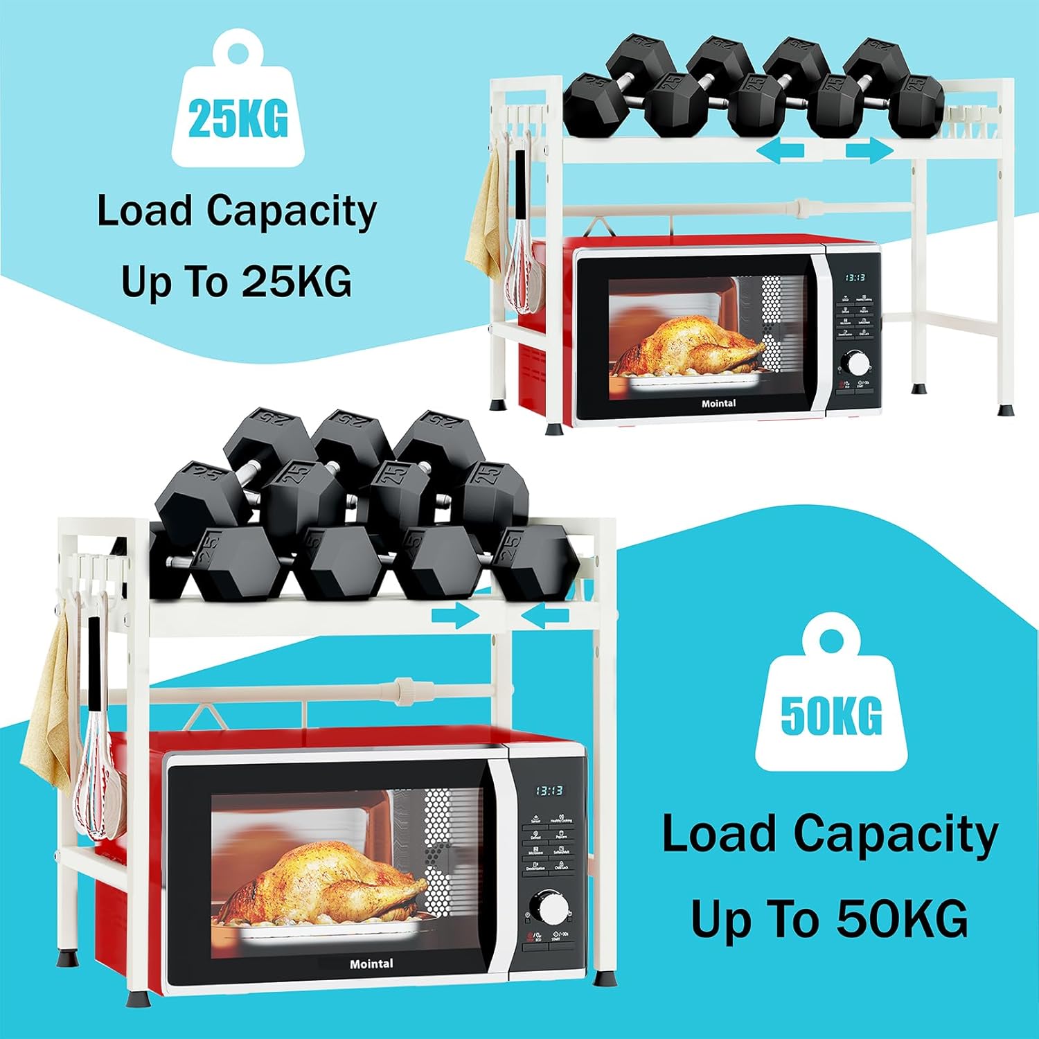 CARLA HOME 2-Tier Microwave Oven Rack with Adjustable Metal Kitchen Shelf Stand for Countertop Storage and 6 Hooks for Utensils (White)