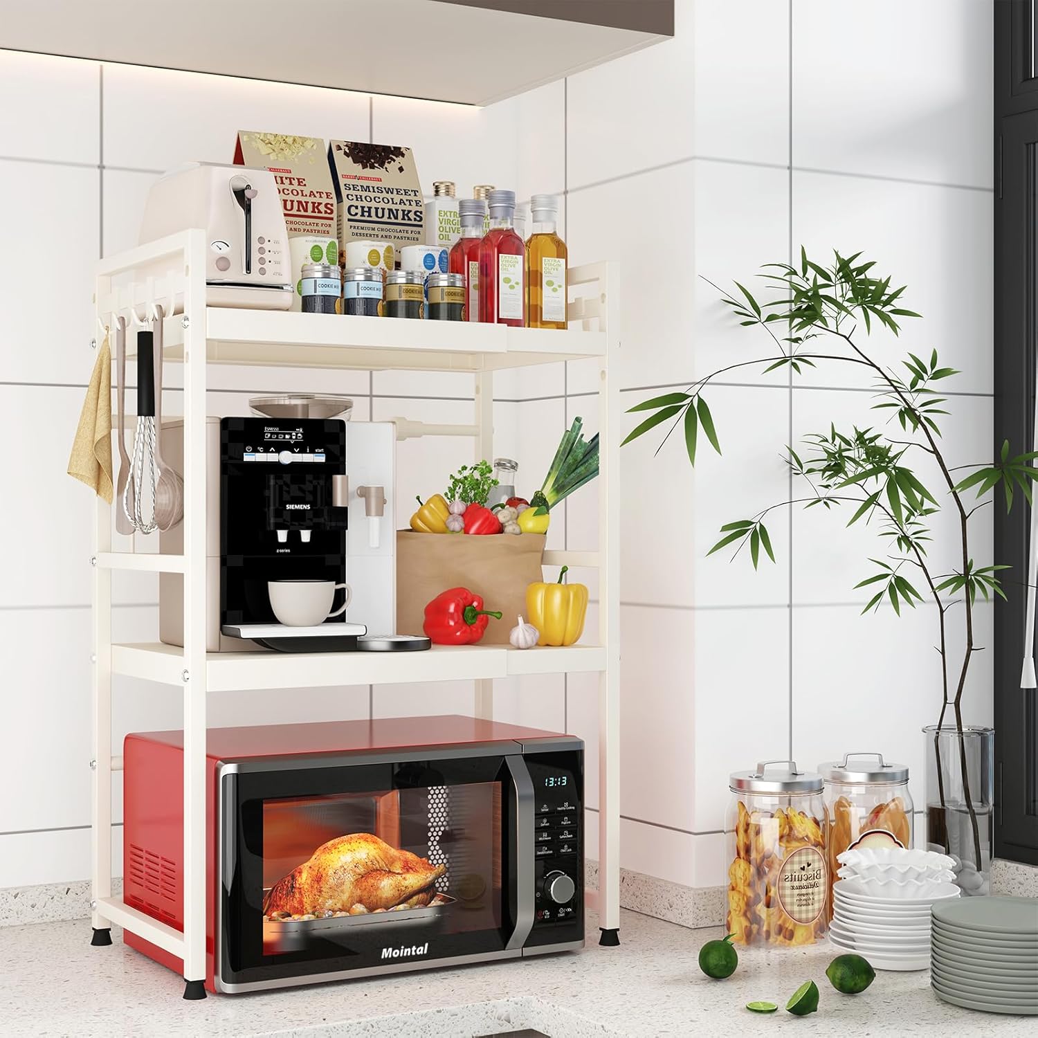 CARLA HOME 3-Tier Microwave Oven Rack with Adjustable Metal Kitchen Shelf Stand for Countertop Storage and 6 Hooks for Utensils