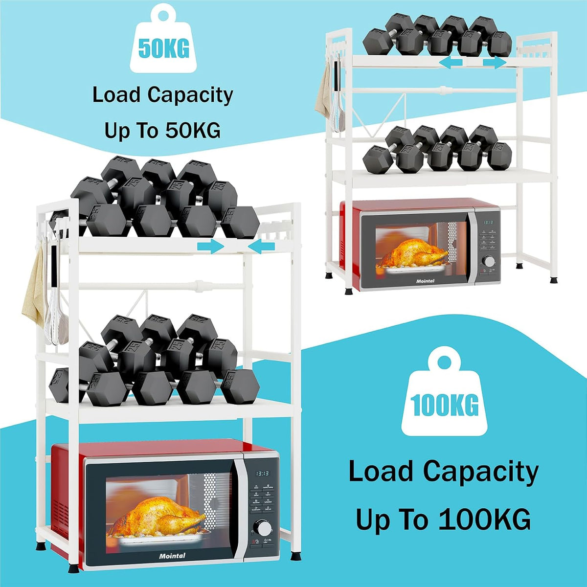 CARLA HOME 3-Tier Microwave Oven Rack with Adjustable Metal Kitchen Shelf Stand for Countertop Storage and 6 Hooks for Utensils