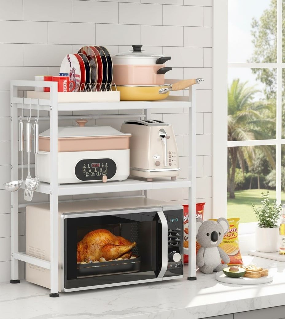 CARLA HOME 3-Tier Microwave Oven Rack with Adjustable Metal Kitchen Shelf Stand for Countertop Storage and 6 Hooks for Utensils
