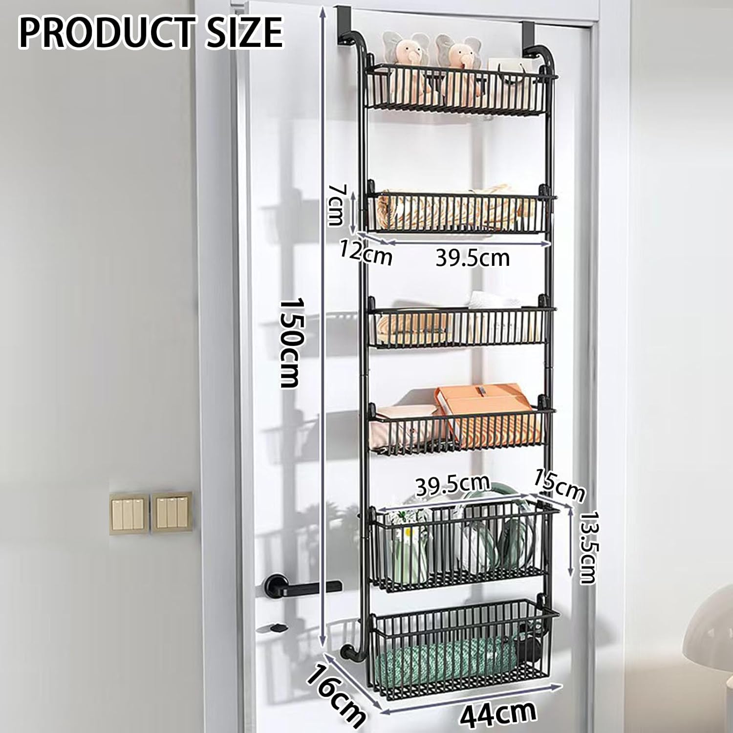 CARLA HOME 6-Tier Over the Door Organizer Heavy-Duty Metal Pantry Rack with Hanging Baskets for Home Kitchen Storage & Bathroom Door Organization (Black)