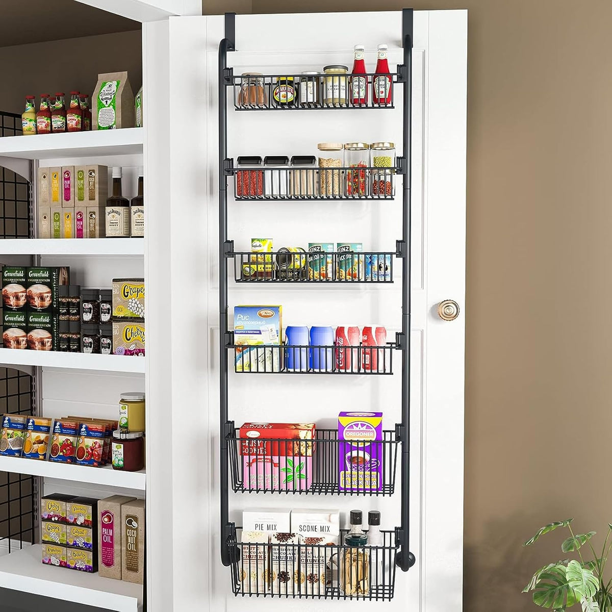CARLA HOME 6-Tier Over the Door Organizer Heavy-Duty Metal Pantry Rack with Hanging Baskets for Home Kitchen Storage & Bathroom Door Organization (Black)