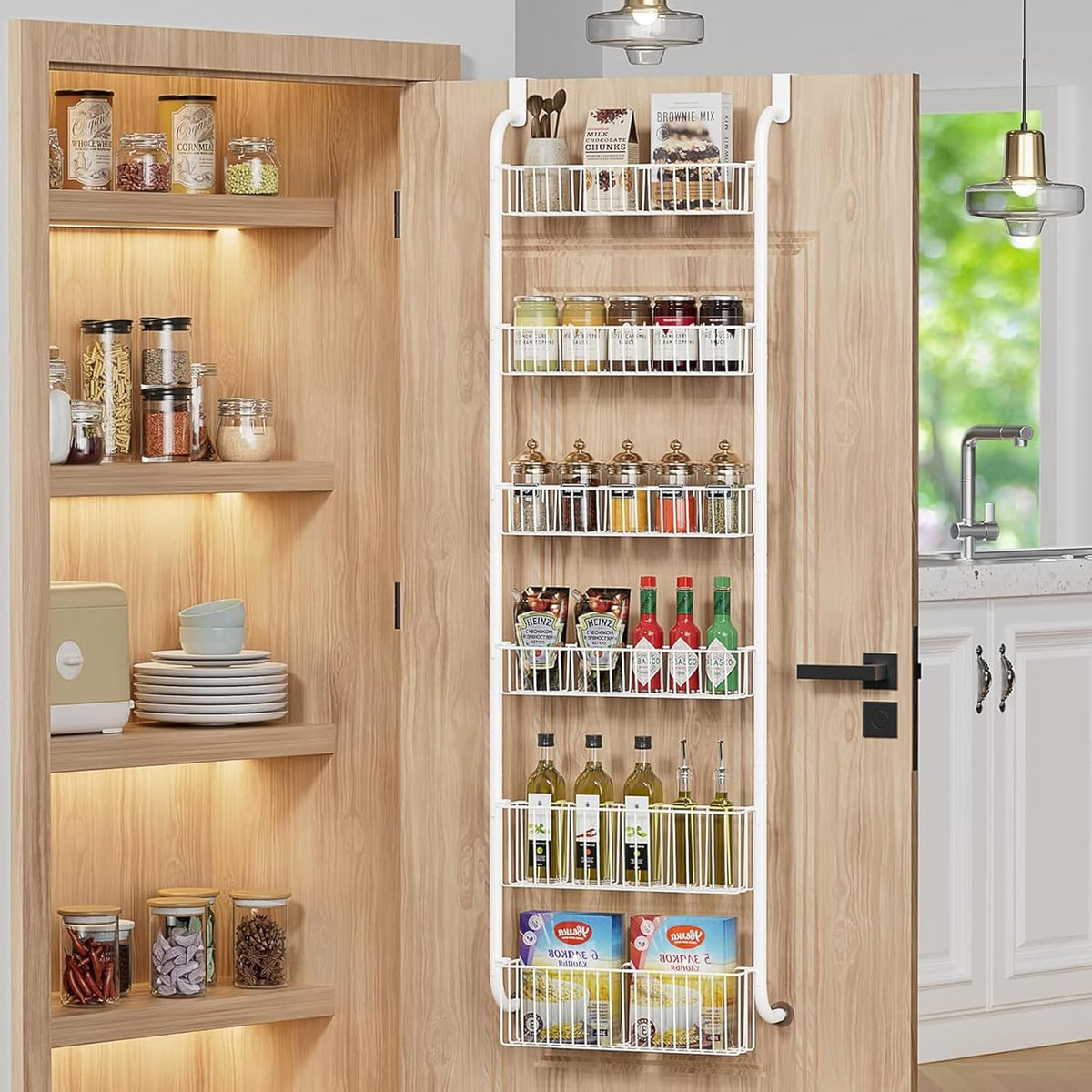 CARLA HOME 6-Tier Over the Door Organizer Heavy-Duty Metal Pantry Rack with Hanging Baskets for Home Kitchen Storage &amp; Bathroom Door Organization (White)