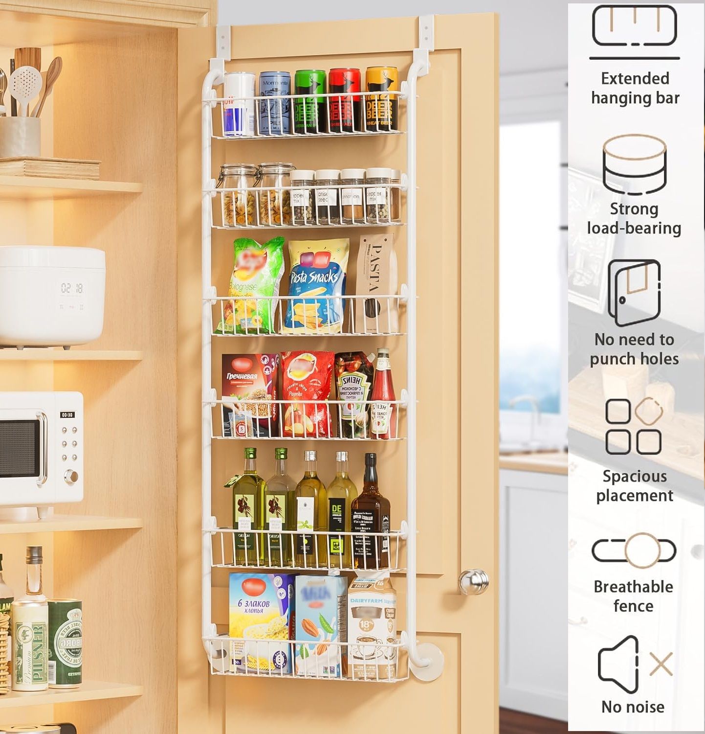 CARLA HOME 6-Tier Over the Door Organizer Heavy-Duty Metal Pantry Rack with Hanging Baskets for Home Kitchen Storage & Bathroom Door Organization (White)