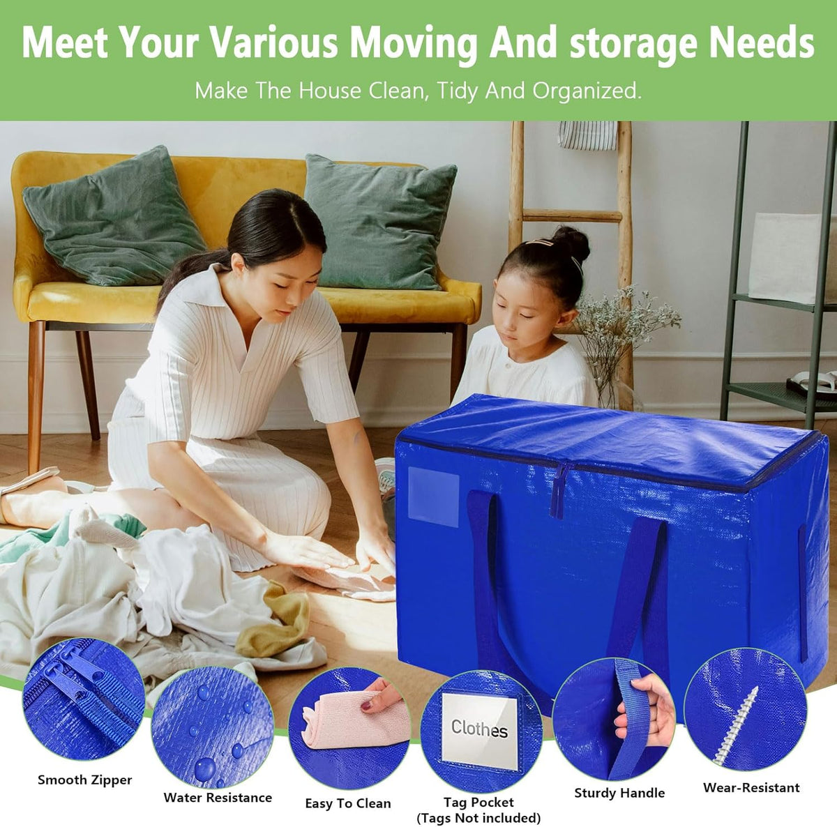 CARLA HOME 12-Pack Large Moving Storage Bags with Zippers & Handles with 95 Liters Capacity for Space Saving, Travel, Camping & Organization (Blue)