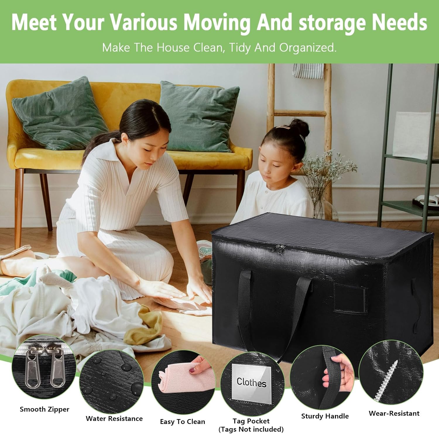 CARLA HOME 12-Pack Large Moving Storage Bags with Zippers & Handles with 95 Liters Capacity for Space Saving, Travel, Camping & Organization (Black)