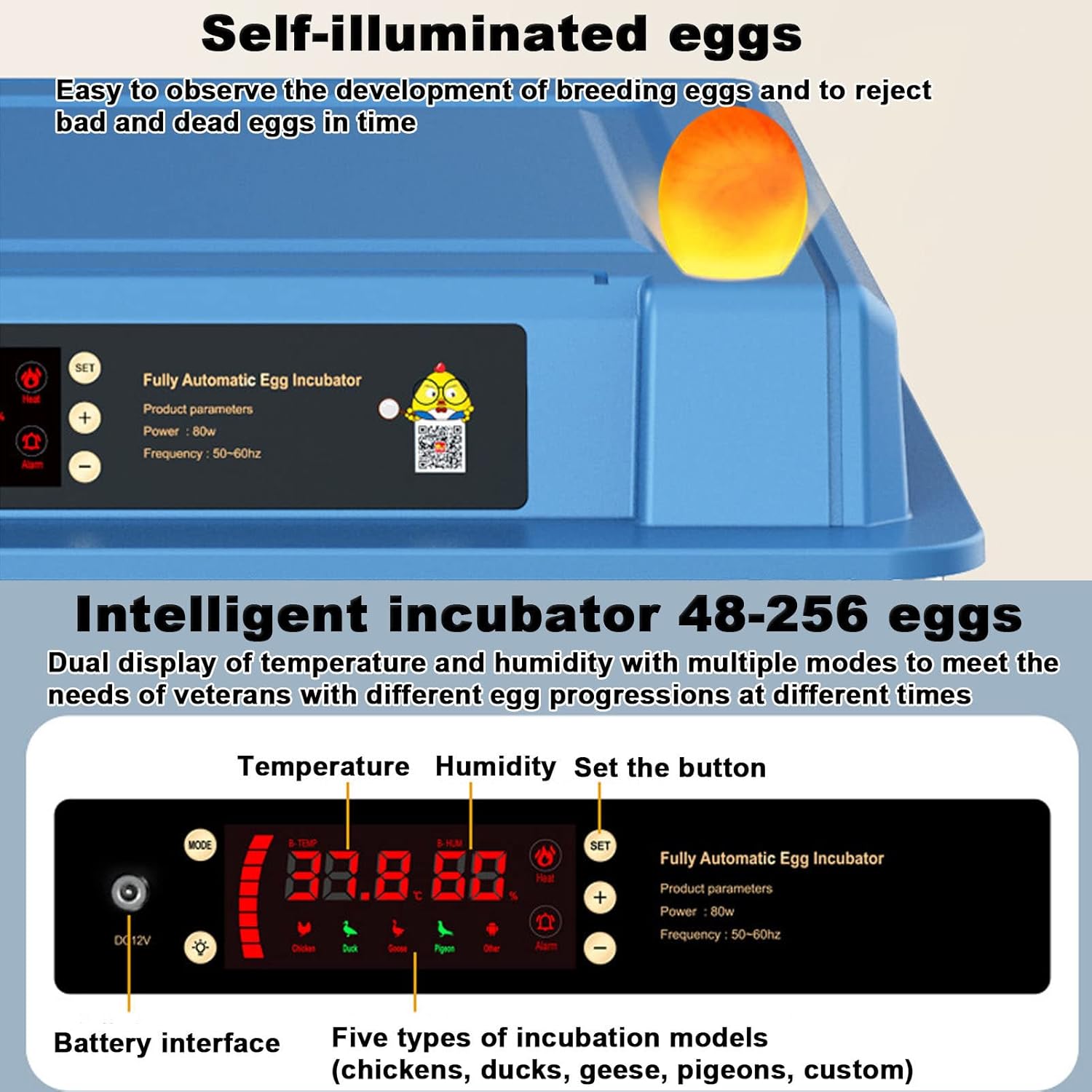 CARLA HOME 128 Egg Incubator with Automatic Turning, LED Display, Humidity & Temperature Control, Auto Water System & Built-in Egg Candler for Chicken, Duck, Quail, Goose
