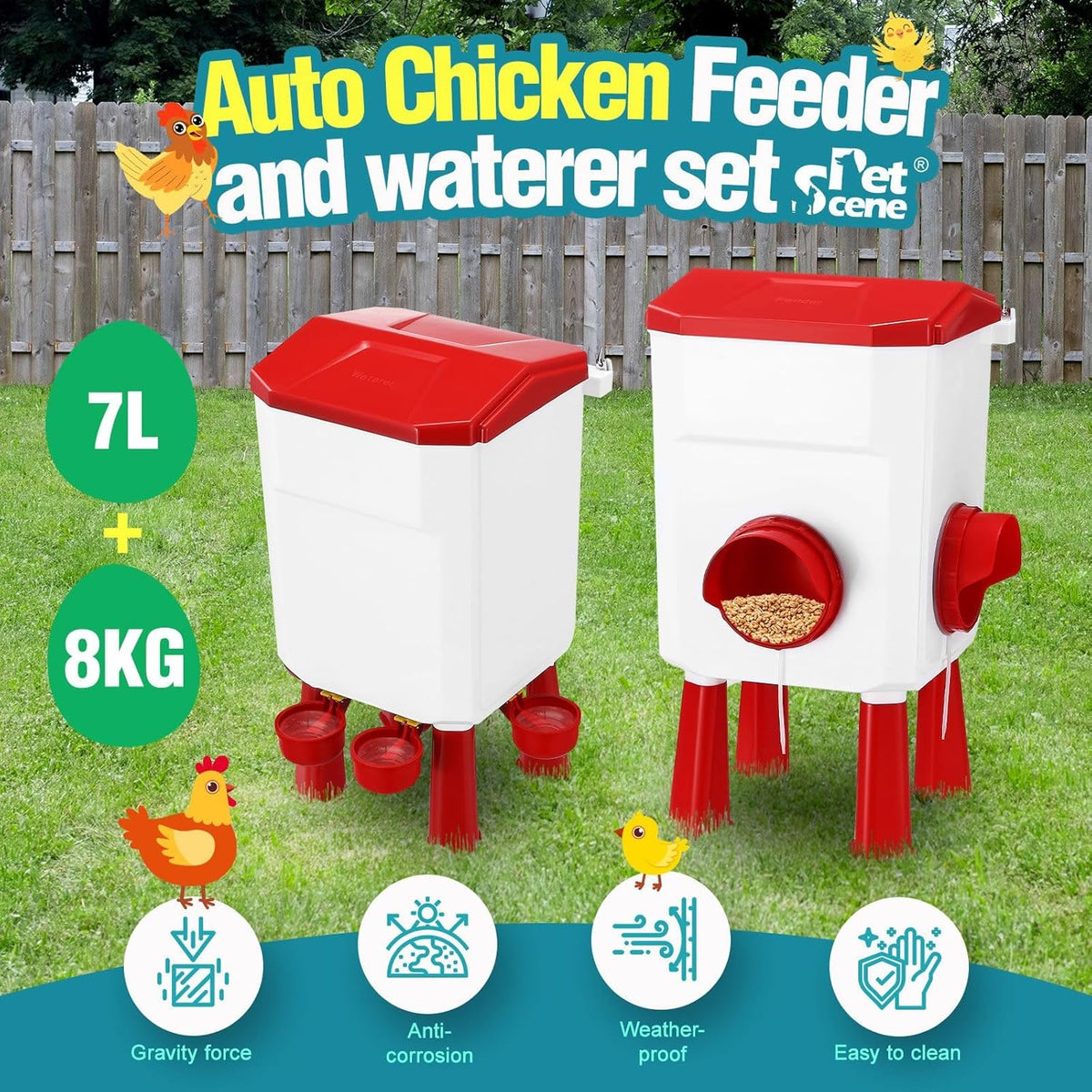 CARLA HOME Automatic Chicken Feeder Waterer Set with 8KG Food 7L Water Capacity for Coop, Chickens, Ducks, Quails (Red)