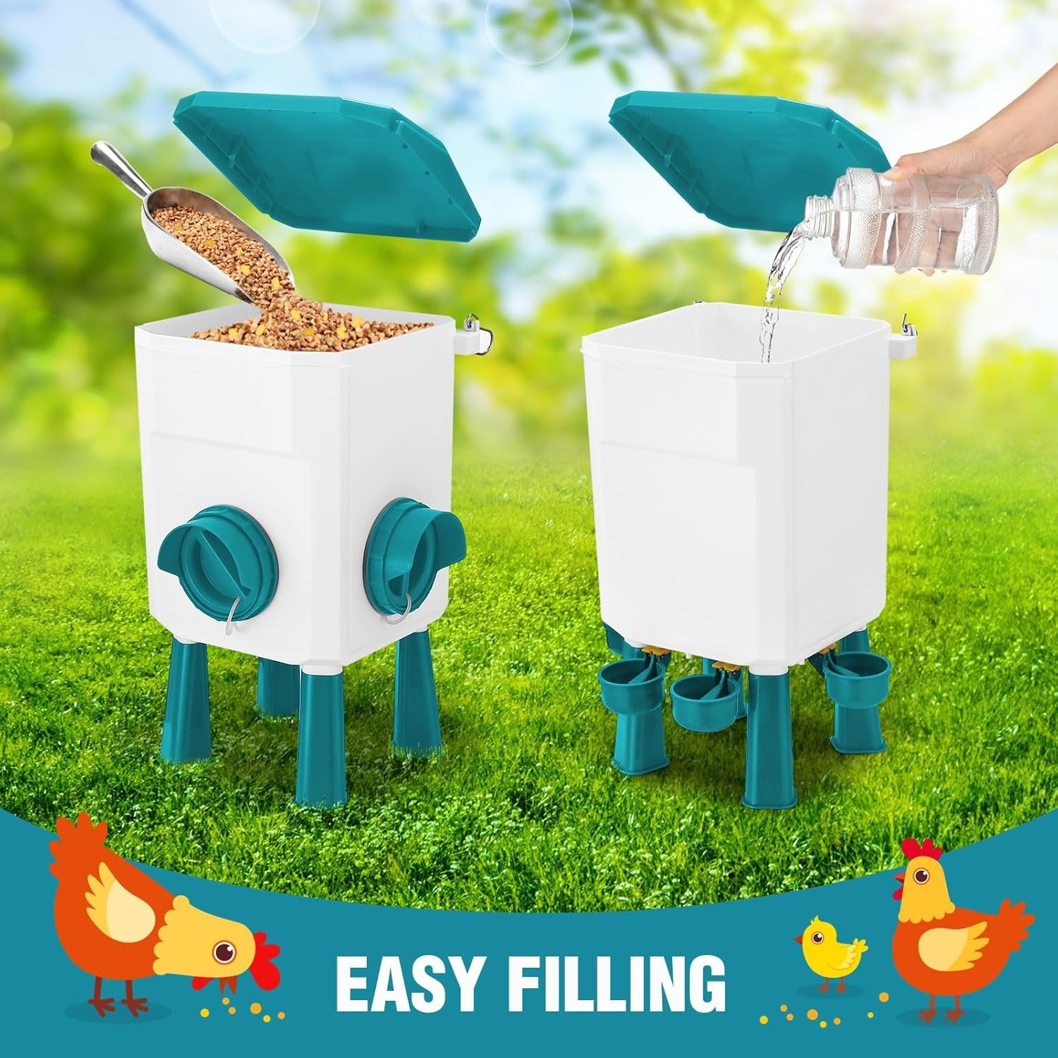 CARLA HOME Automatic Chicken Feeder Waterer Set with 8KG Food 7L Water Capacity for Coop, Chickens, Ducks, Quails (Blue)