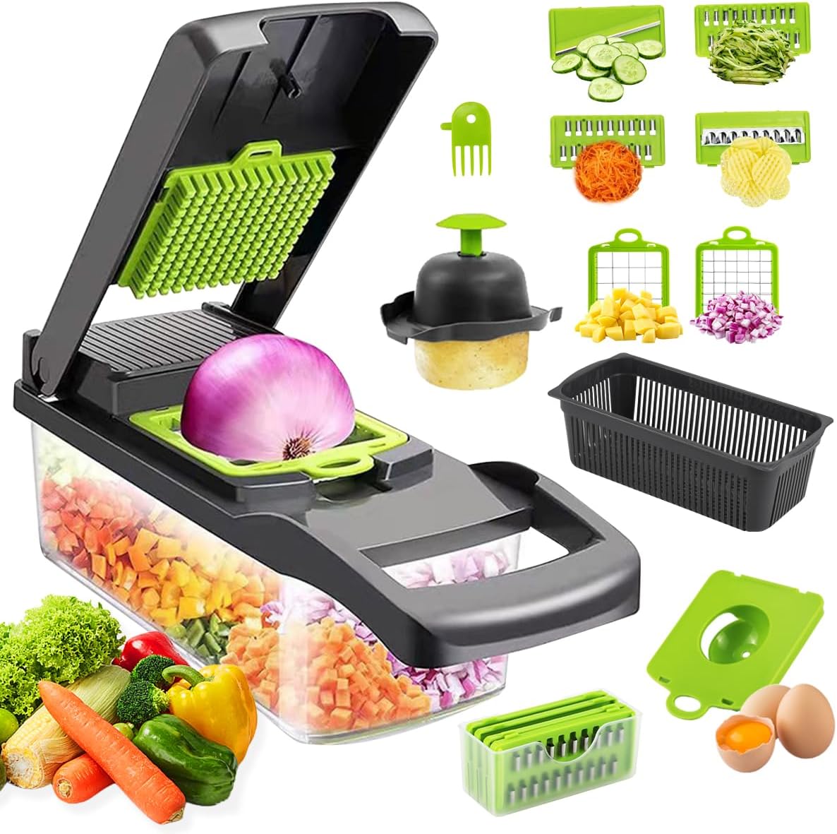 CARLA HOME Multifunctional Mandoline Vegetable Chopper 16-in-1 with Stainless Steel Blades, Storage Container &amp; Hand Guard for Fruits &amp; Veggies