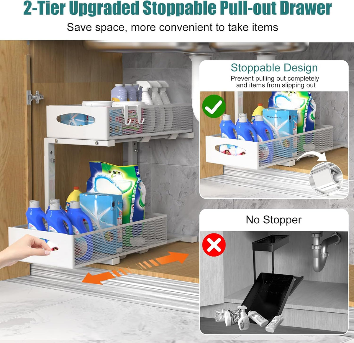 CARLA HOME 2 Tier Under Sink Organizer Pull Out Sliding Cabinet Storage Shelf with Height Adjustable for Kitchen, Bathroom or Laundry Room (White)