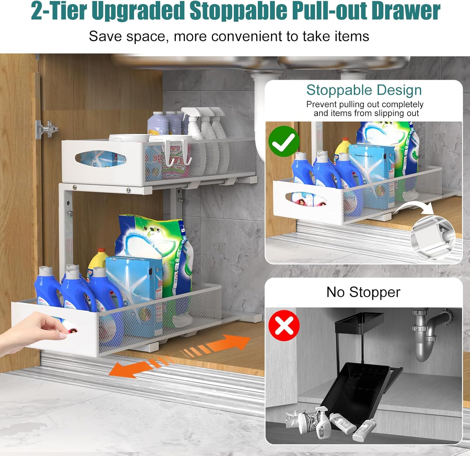 CARLA HOME 2 Tier Under Sink Organizer Pull Out Sliding Cabinet Storage Shelf with Height Adjustable for Kitchen, Bathroom or Laundry Room (White)