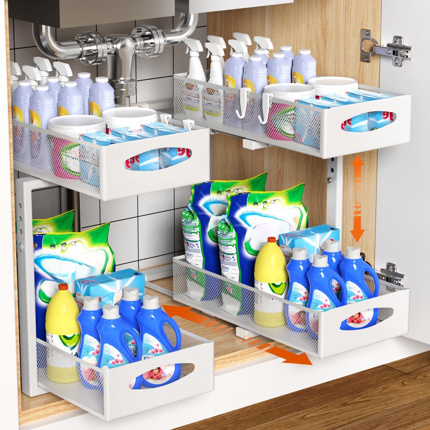 CARLA HOME 2 Pack Under Sink Organizer Pull Out Sliding Cabinet Storage Shelf with Height Adjustable for Kitchen, Bathroom or Laundry Room (White)