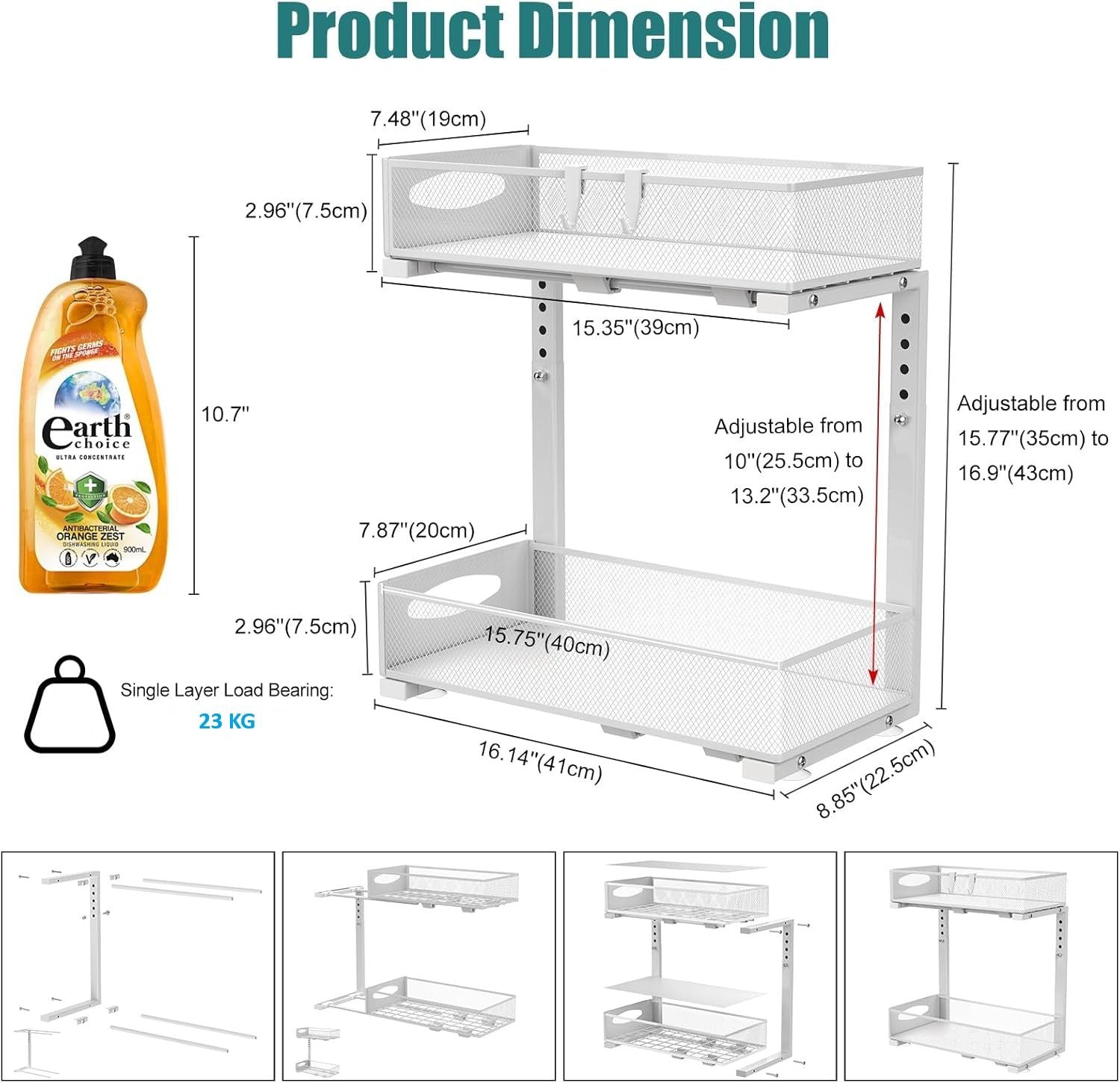CARLA HOME 2 Pack Under Sink Organizer Pull Out Sliding Cabinet Storage Shelf with Height Adjustable for Kitchen, Bathroom or Laundry Room (White)