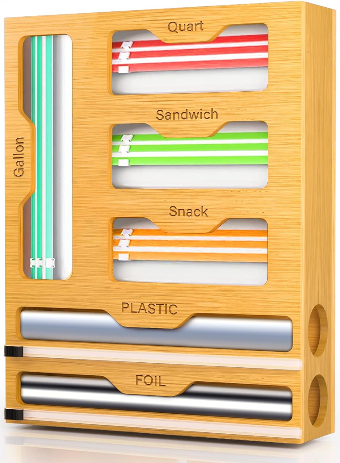 CARLA HOME 6-in-1 Bamboo Kitchen Drawer Organizer with Ziplock Bag Storage, Wrap Dispenser, Cutter for Gallon, Quart, Sandwich, Snack, Foil &amp; Plastic Wrap