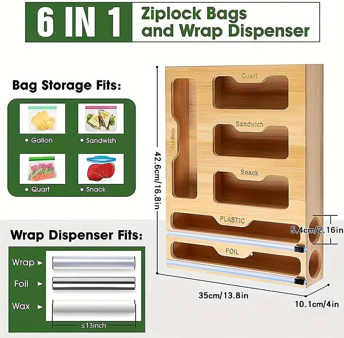 CARLA HOME 6-in-1 Bamboo Kitchen Drawer Organizer with Ziplock Bag Storage, Wrap Dispenser, Cutter for Gallon, Quart, Sandwich, Snack, Foil & Plastic Wrap