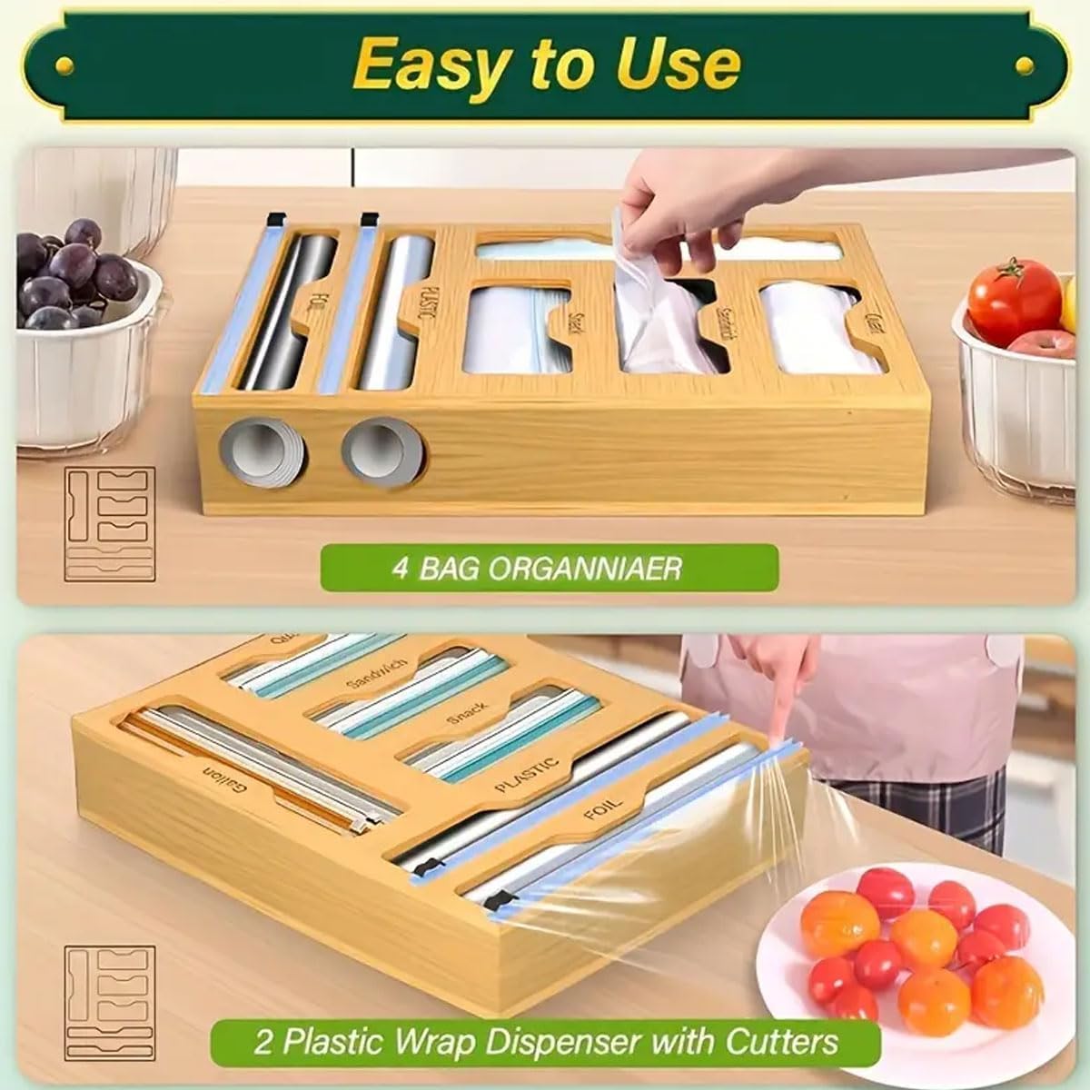 CARLA HOME 6-in-1 Bamboo Kitchen Drawer Organizer with Ziplock Bag Storage, Wrap Dispenser, Cutter for Gallon, Quart, Sandwich, Snack, Foil & Plastic Wrap