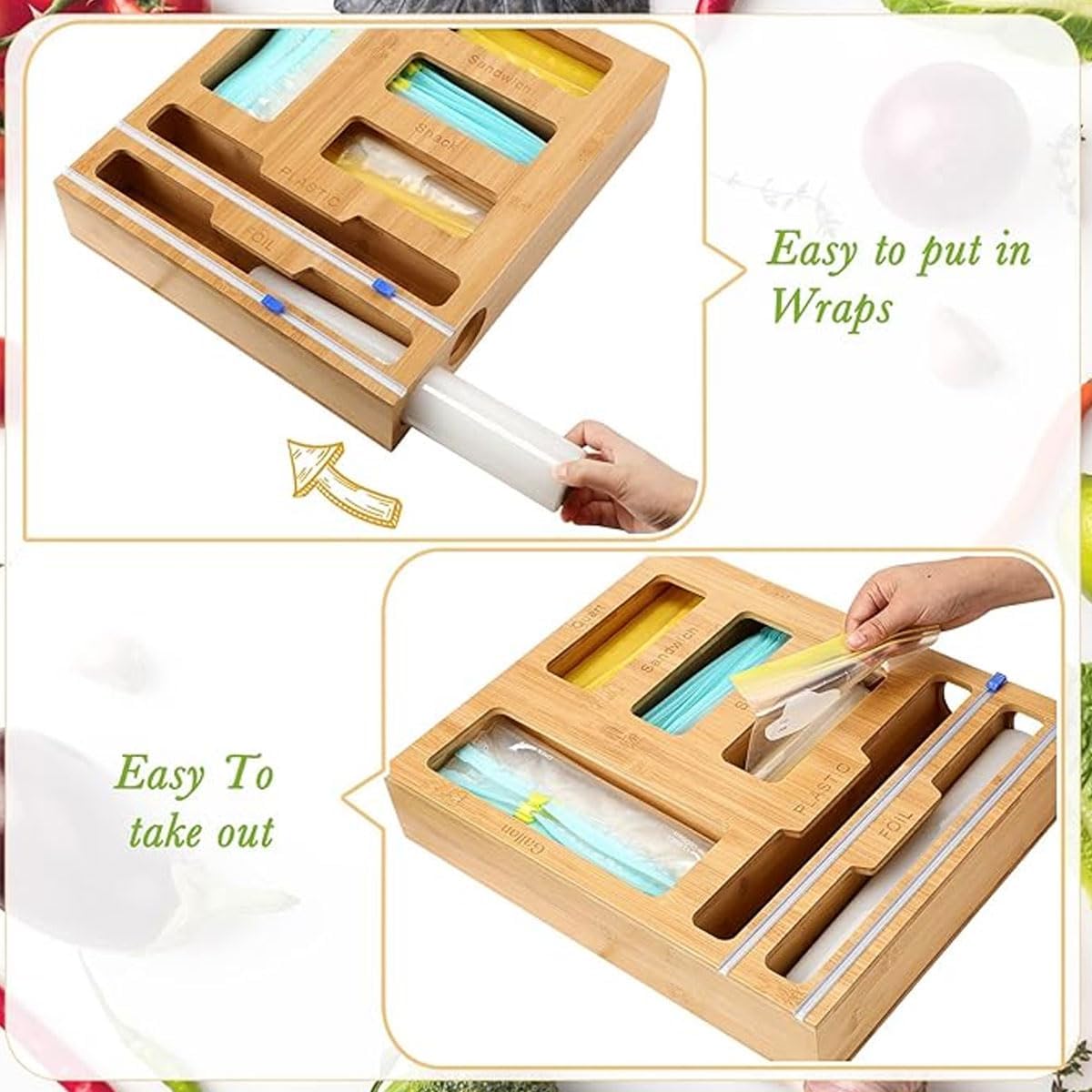CARLA HOME 6-in-1 Bamboo Kitchen Drawer Organizer with Ziplock Bag Storage, Wrap Dispenser, Cutter for Gallon, Quart, Sandwich, Snack, Foil & Plastic Wrap