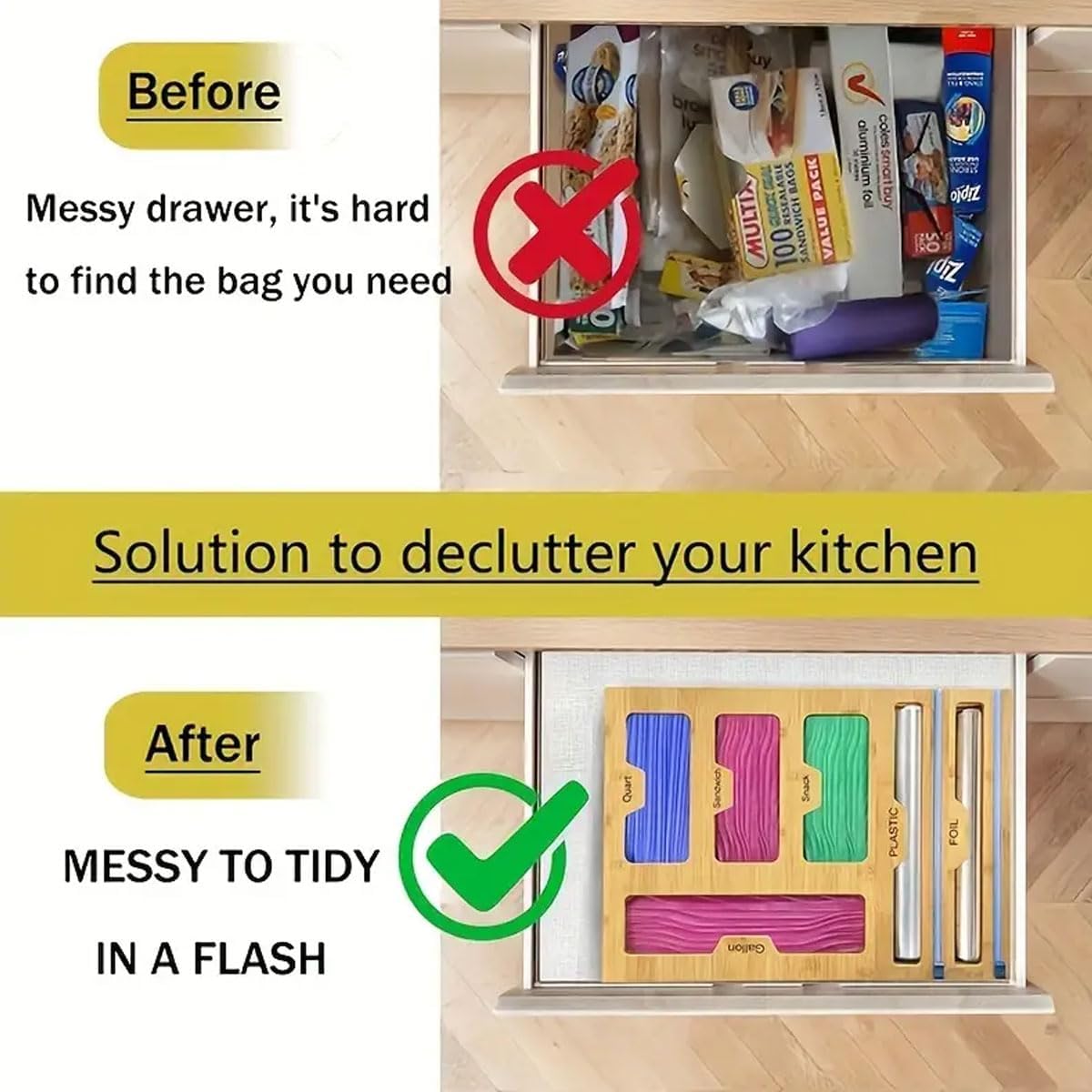 CARLA HOME 6-in-1 Bamboo Kitchen Drawer Organizer with Ziplock Bag Storage, Wrap Dispenser, Cutter for Gallon, Quart, Sandwich, Snack, Foil & Plastic Wrap