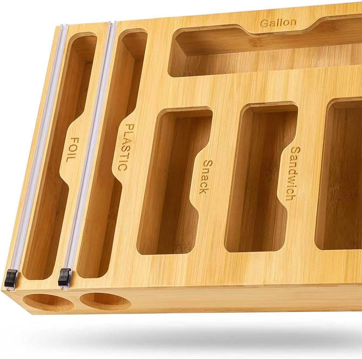 CARLA HOME 6-in-1 Bamboo Kitchen Drawer Organizer with Ziplock Bag Storage, Wrap Dispenser, Cutter for Gallon, Quart, Sandwich, Snack, Foil & Plastic Wrap