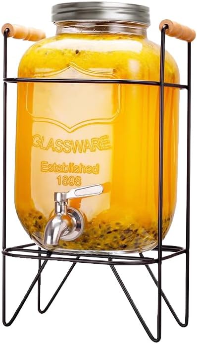 CARLA HOME 5L Glass Drink Dispenser with Metal Stand, Wide Mouth Beverage Jar &amp; Stainless Steel Tap for Lemonade, Iced Tea, Water &amp; Fruit-Infused Drinks