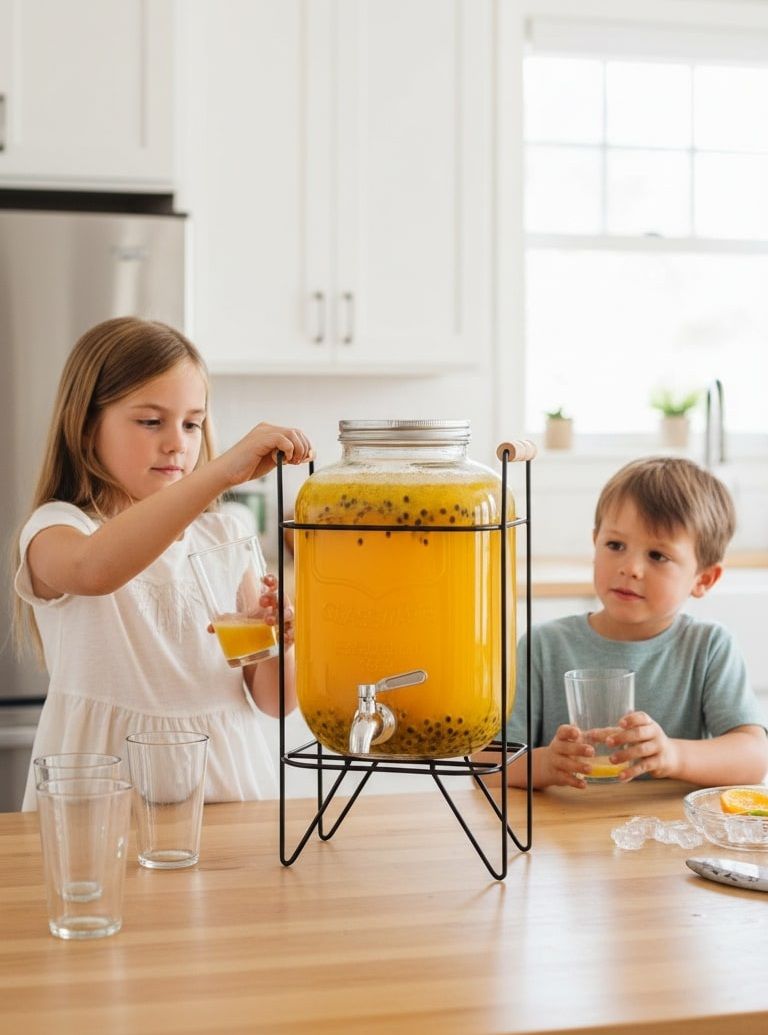 CARLA HOME 5L Glass Drink Dispenser with Metal Stand, Wide Mouth Beverage Jar & Stainless Steel Tap for Lemonade, Iced Tea, Water & Fruit-Infused Drinks