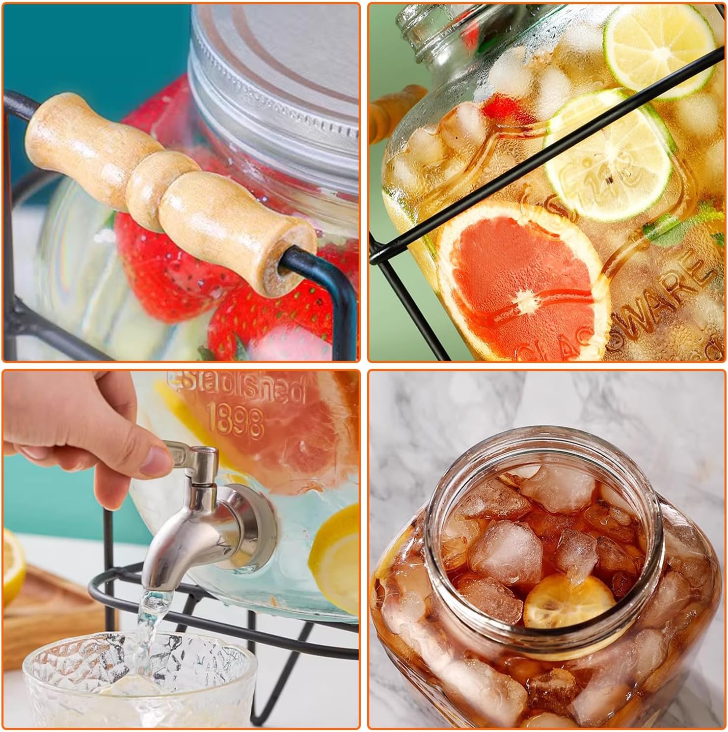 CARLA HOME 5L Glass Drink Dispenser with Metal Stand, Wide Mouth Beverage Jar & Stainless Steel Tap for Lemonade, Iced Tea, Water & Fruit-Infused Drinks