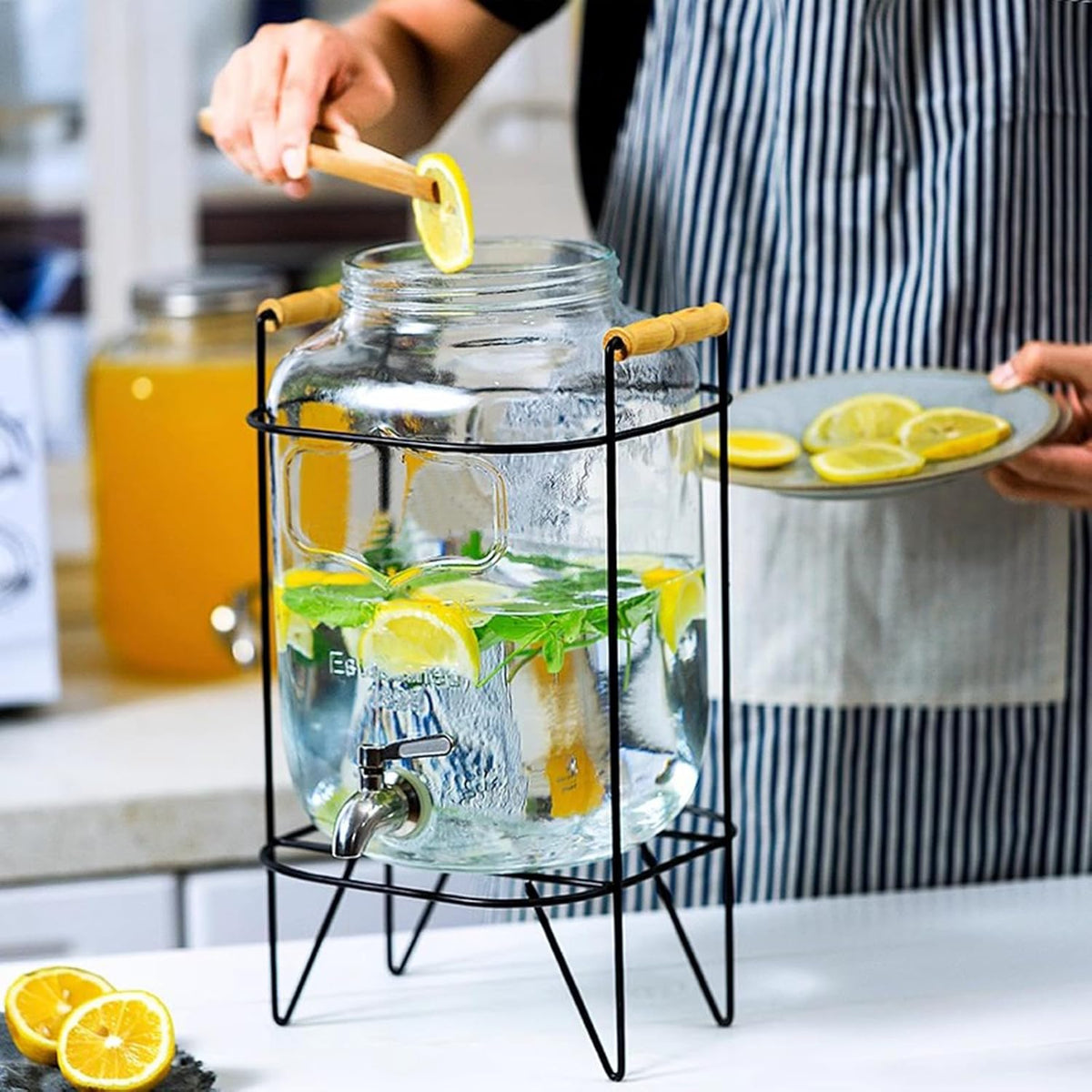 CARLA HOME 5L Glass Drink Dispenser with Metal Stand, Wide Mouth Beverage Jar & Stainless Steel Tap for Lemonade, Iced Tea, Water & Fruit-Infused Drinks