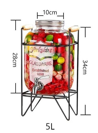 CARLA HOME 5L Glass Drink Dispenser with Metal Stand, Wide Mouth Beverage Jar & Stainless Steel Tap for Lemonade, Iced Tea, Water & Fruit-Infused Drinks