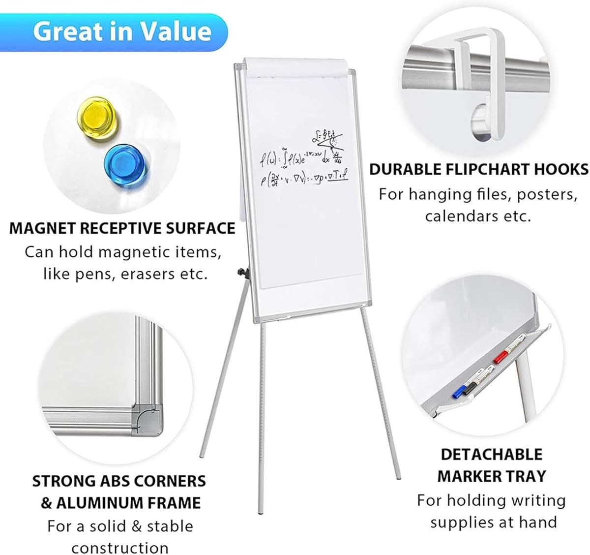 CARLA HOME Whiteboard Easel Portable Magnetic Dry Erase Board with Adjustable Tripod Stand & Height Adjustable for Office & Home (90x60cm)