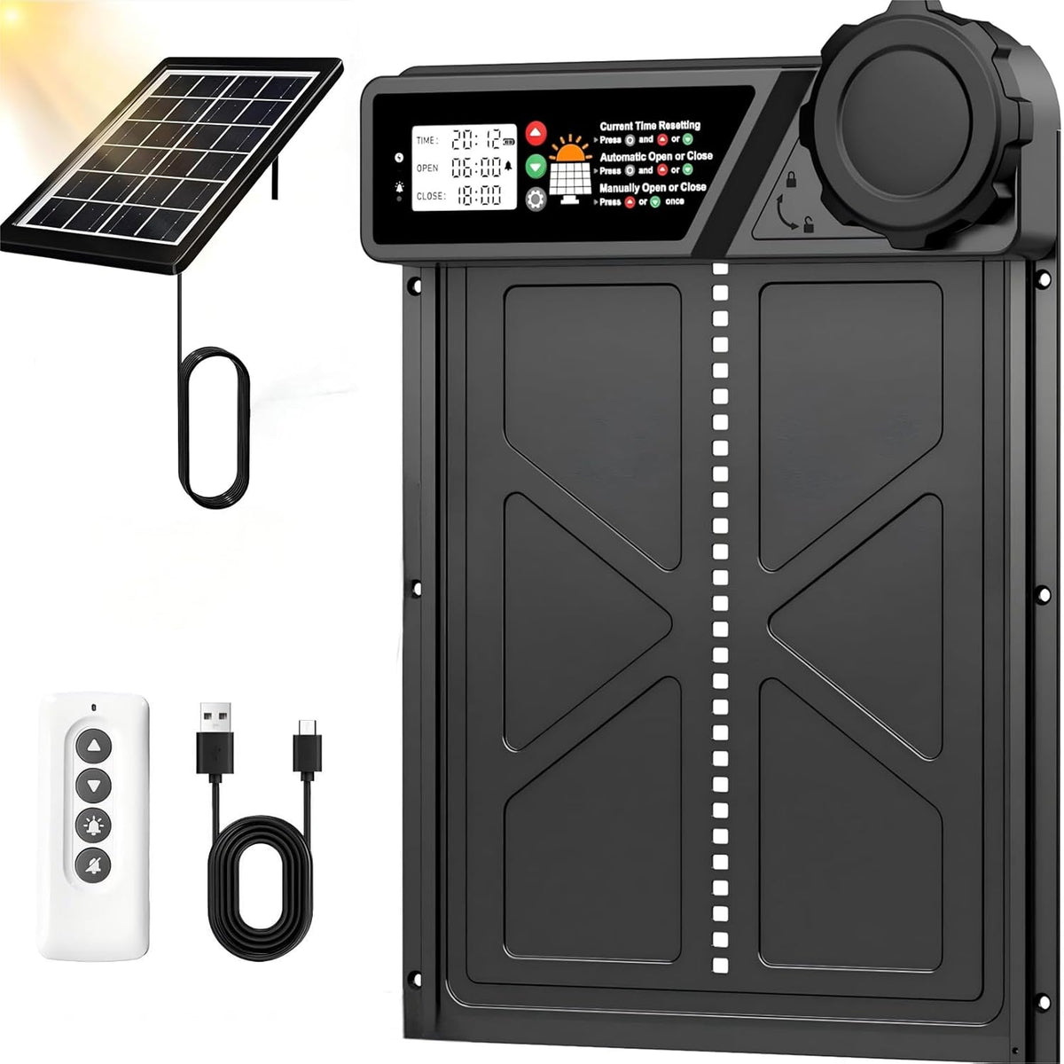 CARLA HOME Solar Automatic Chicken Coop Door with Timer, Light Sensor, Remote Control, Anti-Pinch, LED Screen &amp; USB Charging