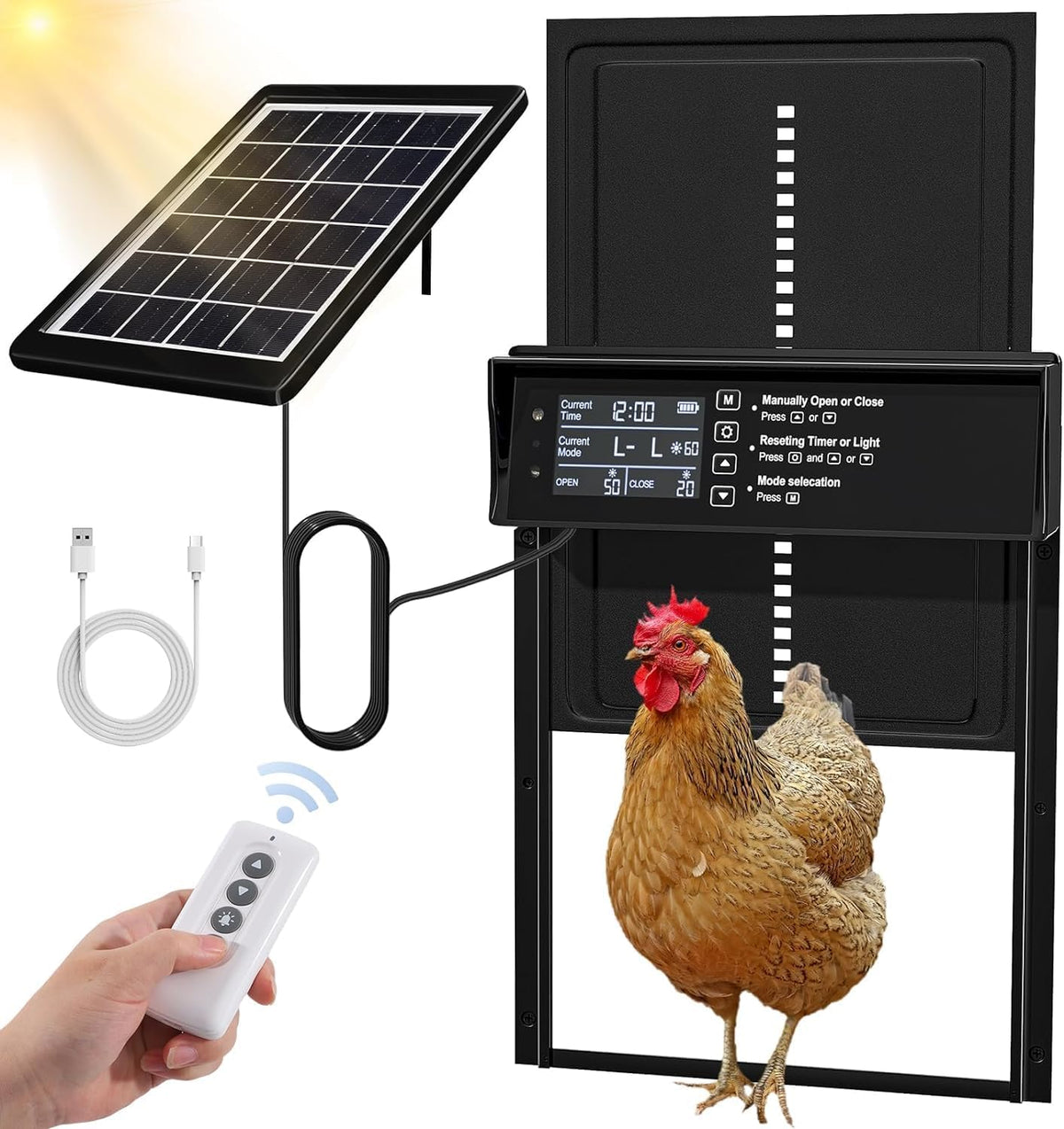 CARLA HOME Automatic Chicken Coop Door Solar Powered with 4 Mode Timer &amp; Light Sensor, Anti-Pinch &amp; USB Charging Port