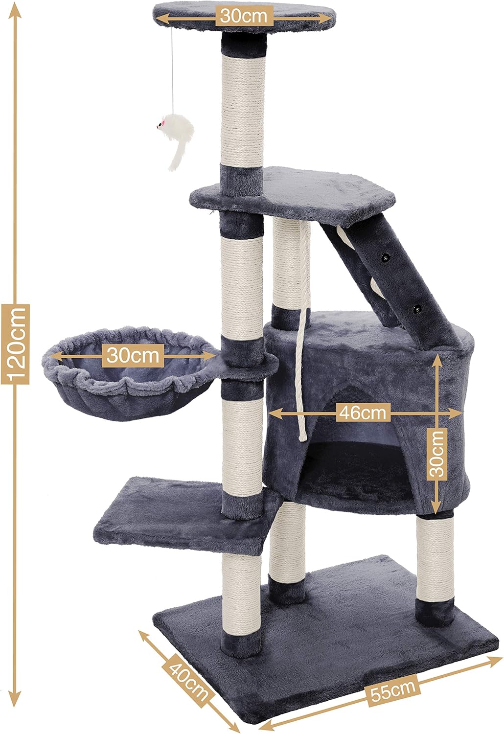 CARLA HOME 120cm Cat Tree for Indoor Cats with Condo, Hammock & Plush Perchfor for Kittens & Adult Cats