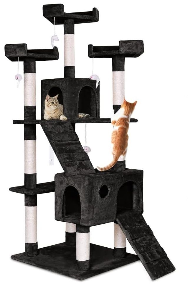 CARLA HOME 180cm Cat Tree Tower for Indoor Cats with Dual Condos, Plush Perches, Sisal Scratching Posts &amp; Ramps for Kittens &amp; Adult Cats (Black)