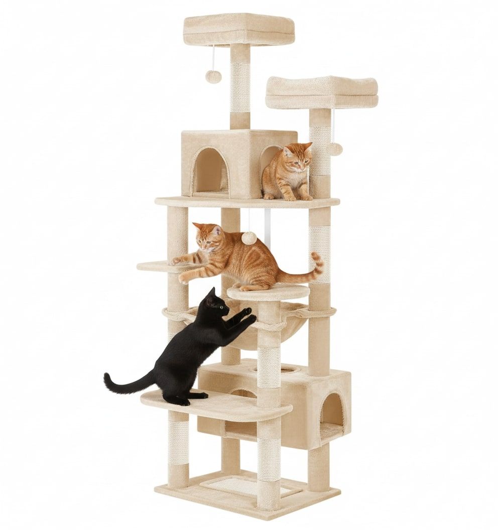 CARLA HOME 180cm Cat Tree Tower for Indoor Cats with Plush Perches, Dual Condos, Natural Sisal Scratching Posts &amp; Ramps for Kittens &amp; Adult Cats (Beige)