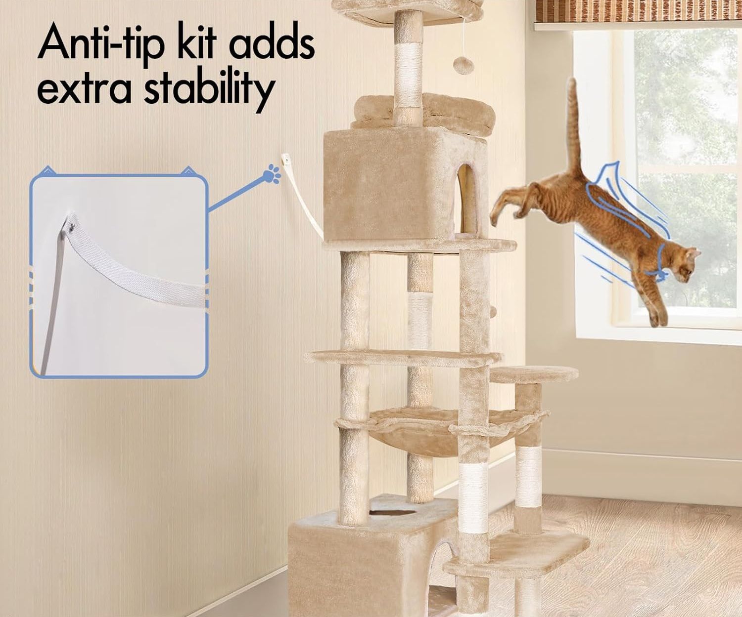 CARLA HOME 180cm Cat Tree Tower for Indoor Cats with Plush Perches, Dual Condos, Natural Sisal Scratching Posts & Ramps for Kittens & Adult Cats (Beige)