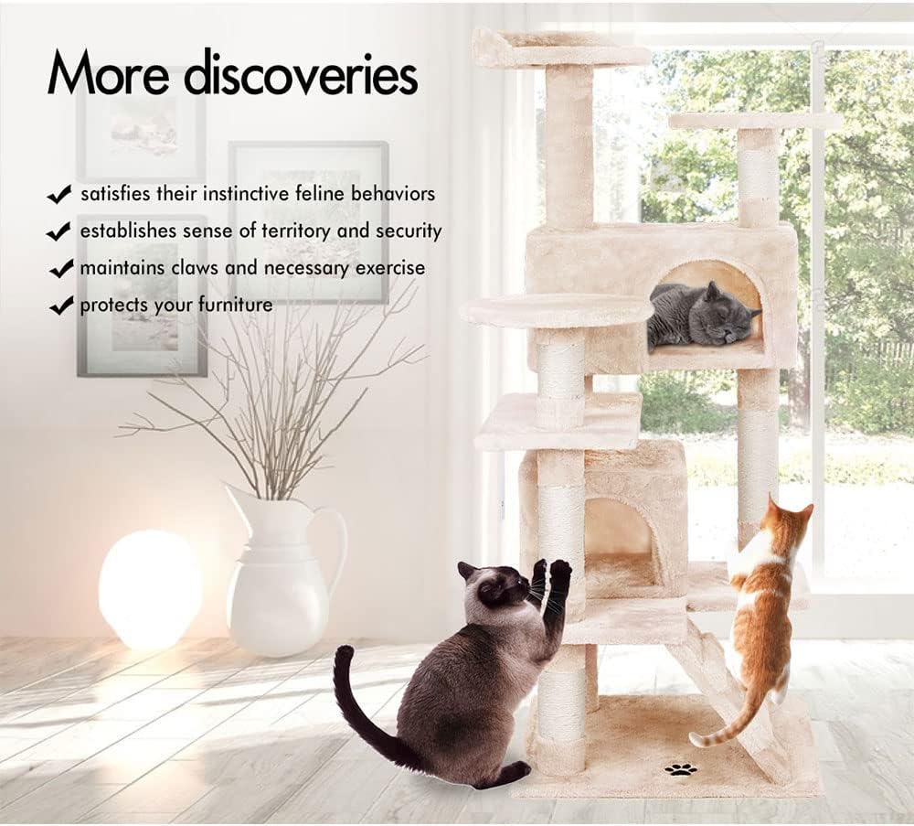 CARLA HOME 180cm Cat Tree Tower for Indoor Cats with Plush Perches, Dual Condos, Natural Sisal Scratching Posts & Ramp for Kittens & Adult Cats (Beige)