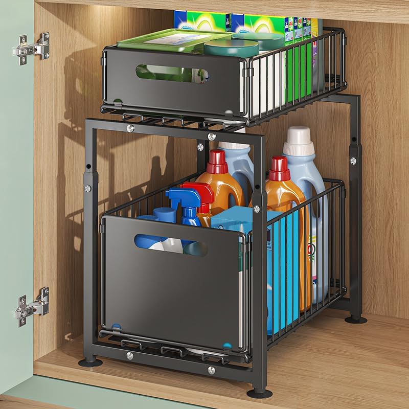 CARLA HOME 2-Tier Under Sink Organizer with Sliding Drawers &amp; Height Adjustable for Kitchen Bathroom Cabinet Organization
