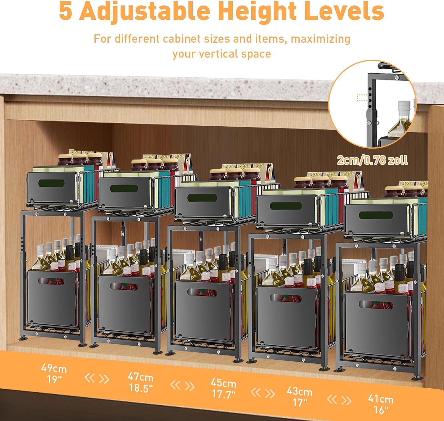 CARLA HOME 2- Pack Under Sink Organizer with Sliding Drawers & Height Adjustable for Kitchen Bathroom Cabinet Organization