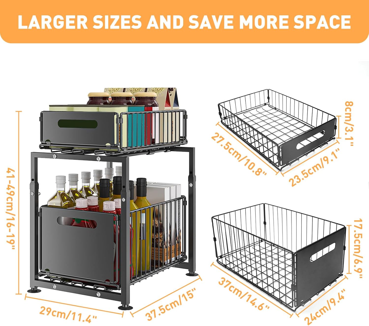 CARLA HOME 2- Pack Under Sink Organizer with Sliding Drawers & Height Adjustable for Kitchen Bathroom Cabinet Organization