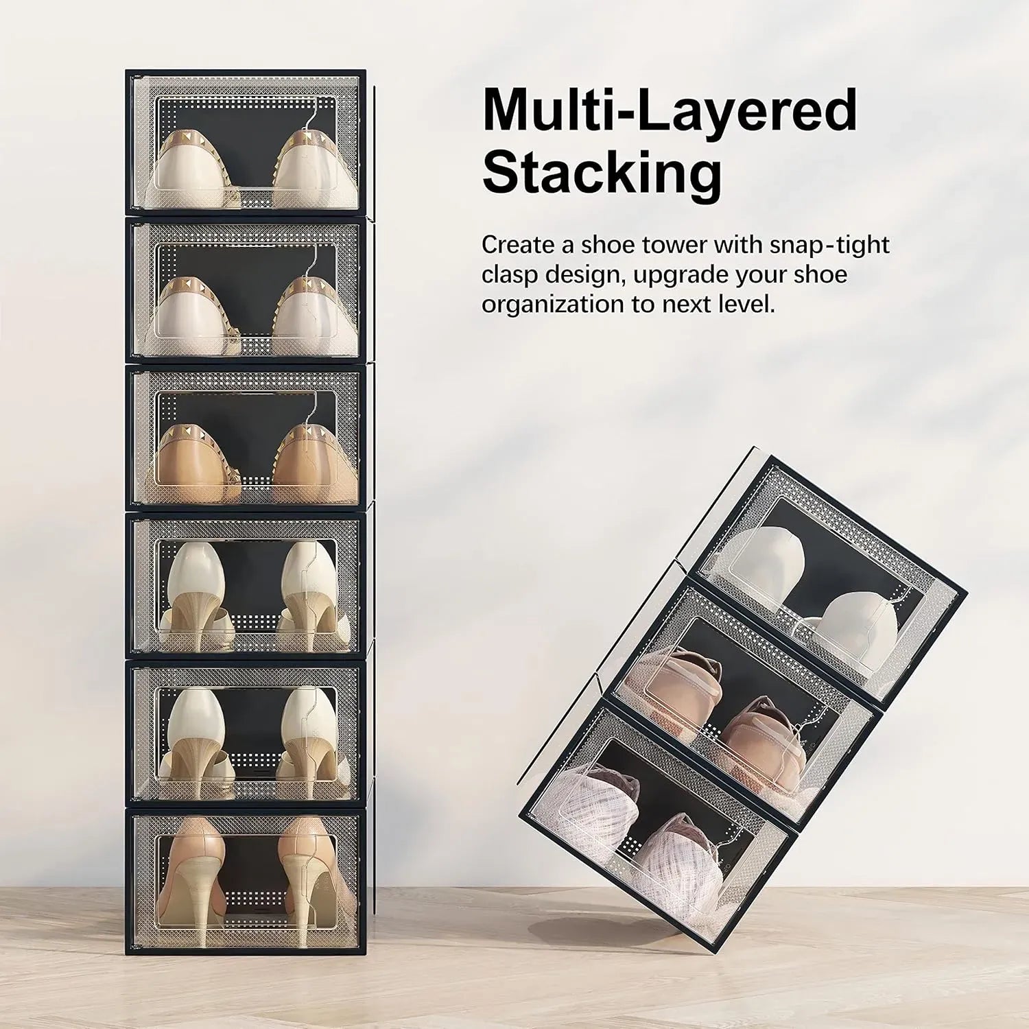 CARLA HOME 6-Pack Clear Stackable Shoe Storage Boxes - Black - Shoe Box Storage