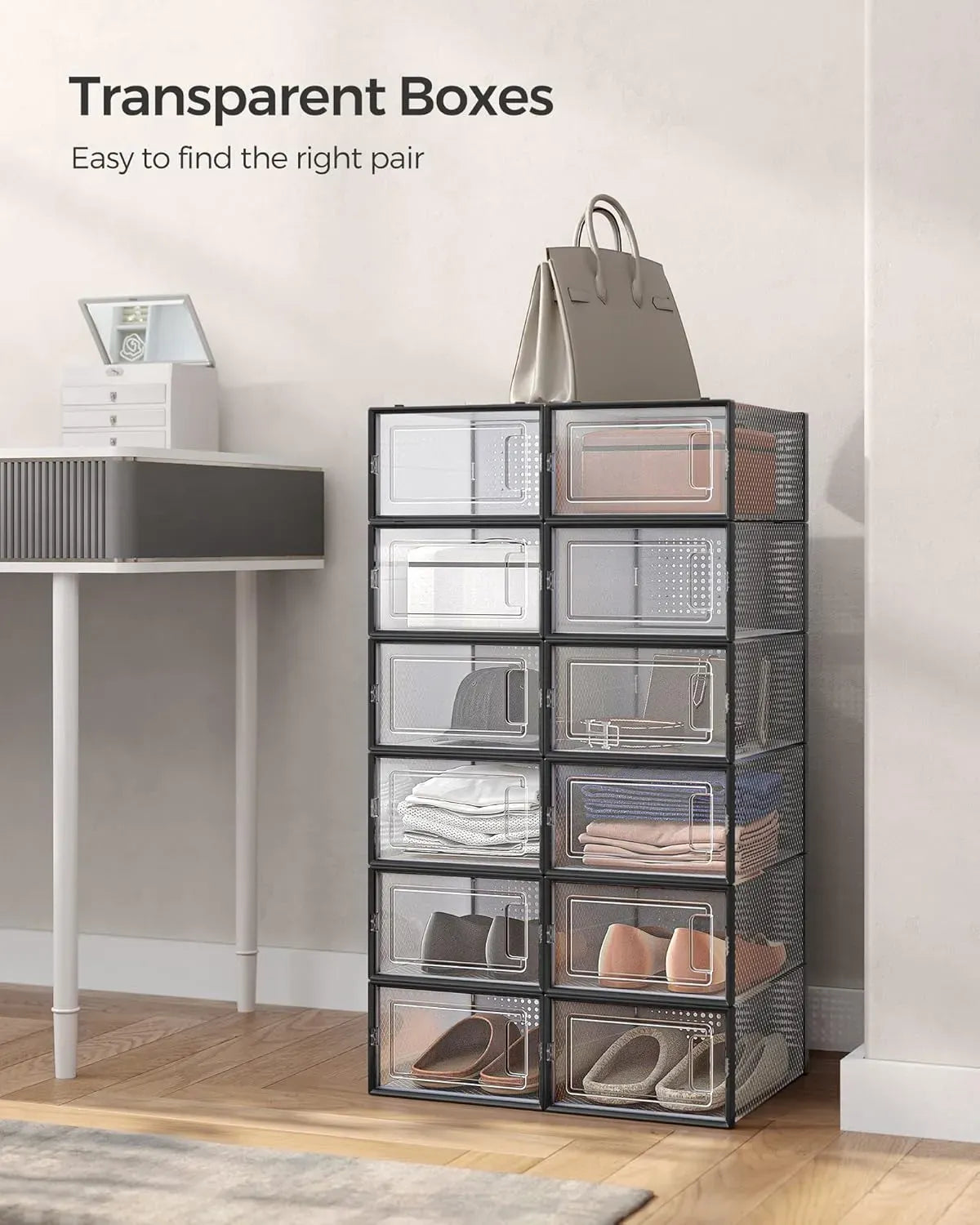 CARLA HOME 12-Pack Clear Stackable Shoe Storage Boxes - Black - Shoe Box Storage