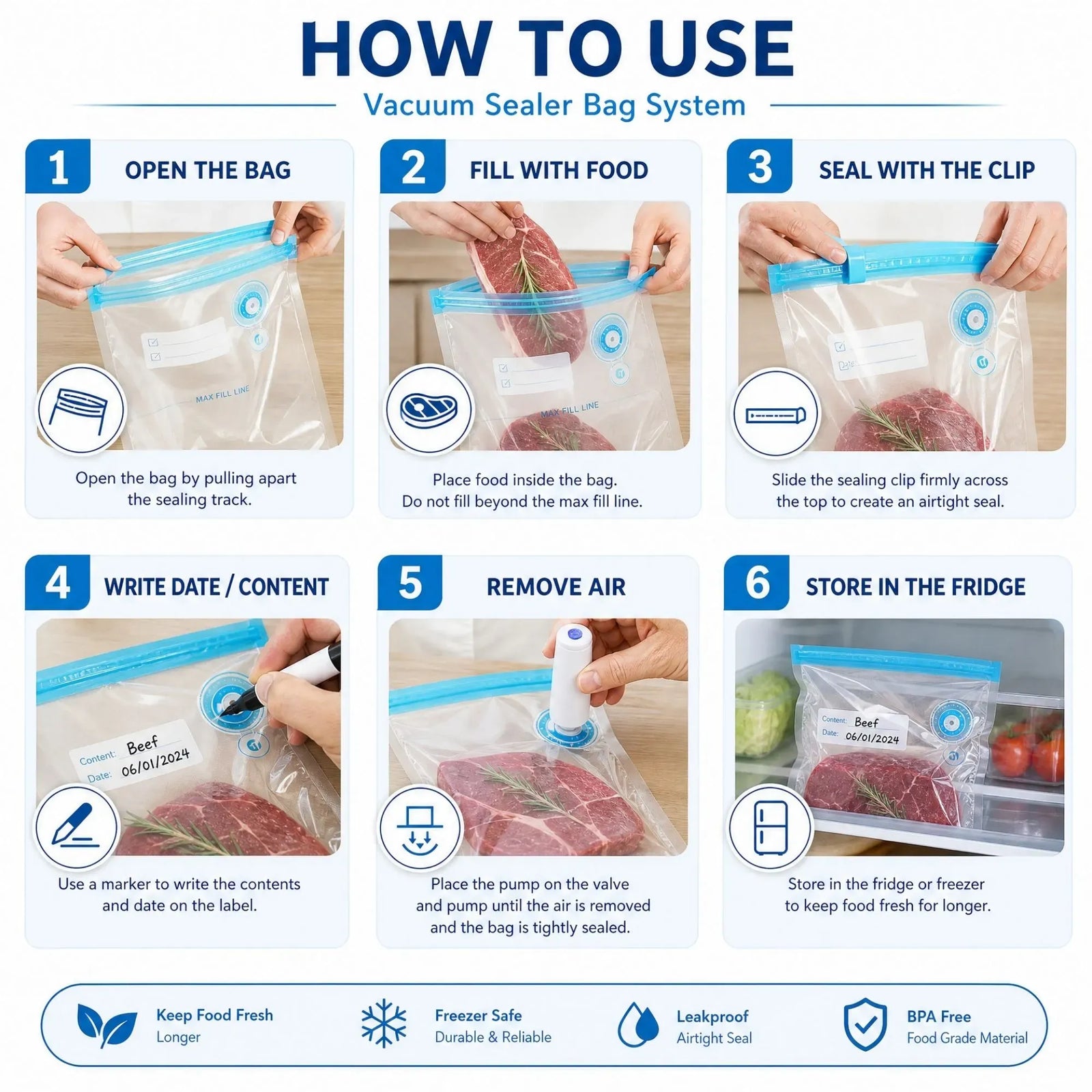 CARLA HOME Automatic Vacuum Sealer Kit - 10 Reusable Bags - White - Food Vacuum Set