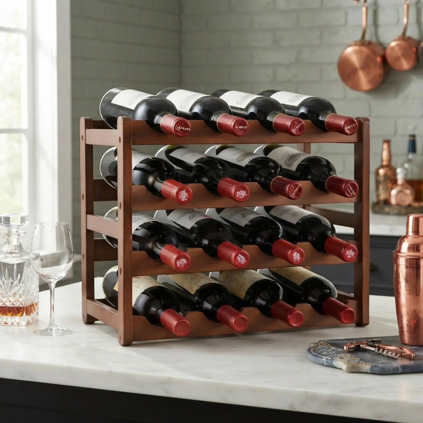 CARLA HOME 4 Tier Wooden Wine Rack, 16 Bottle Storage, Brown