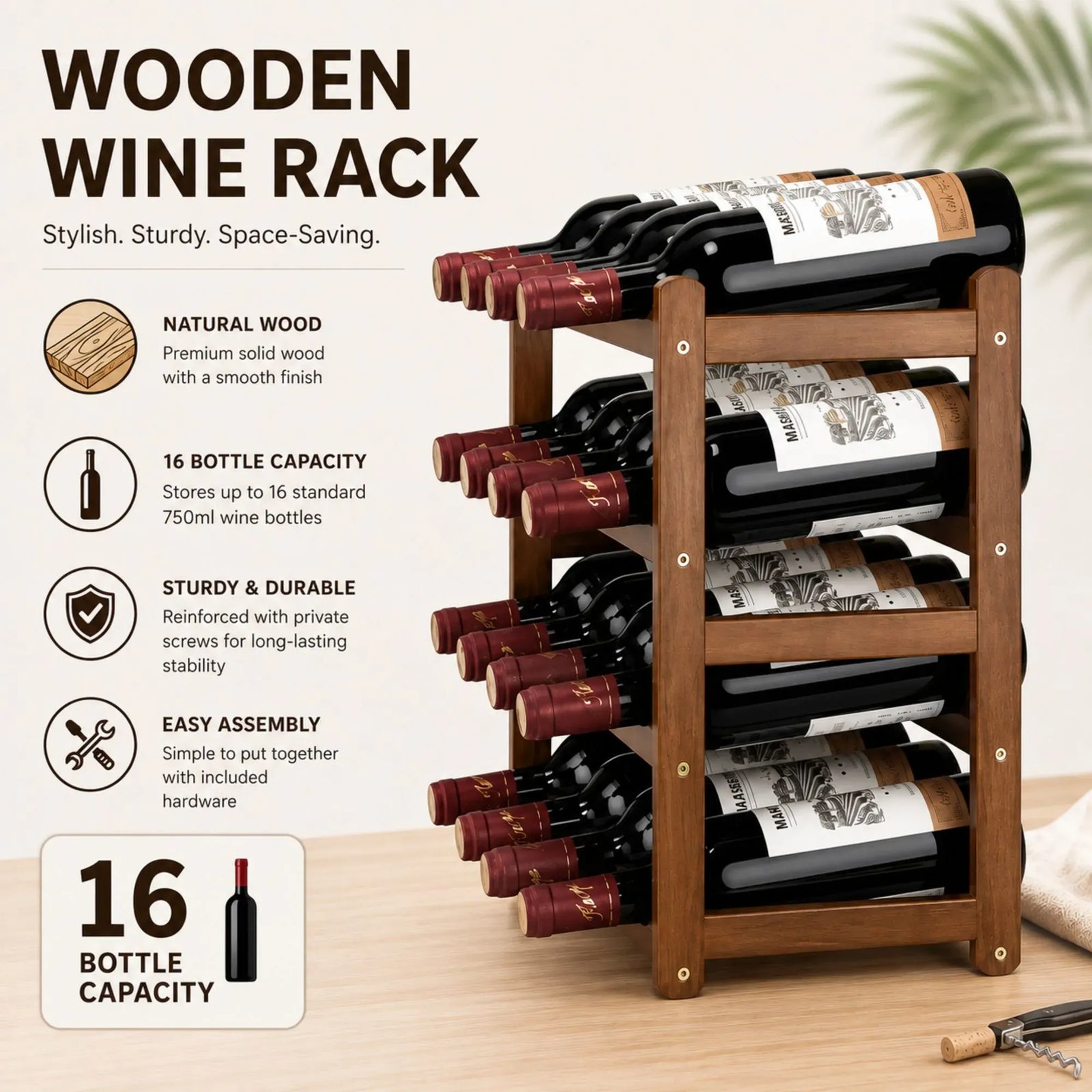 CARLA HOME 4 Tier Wooden Wine Rack, 16 Bottle Storage, Brown