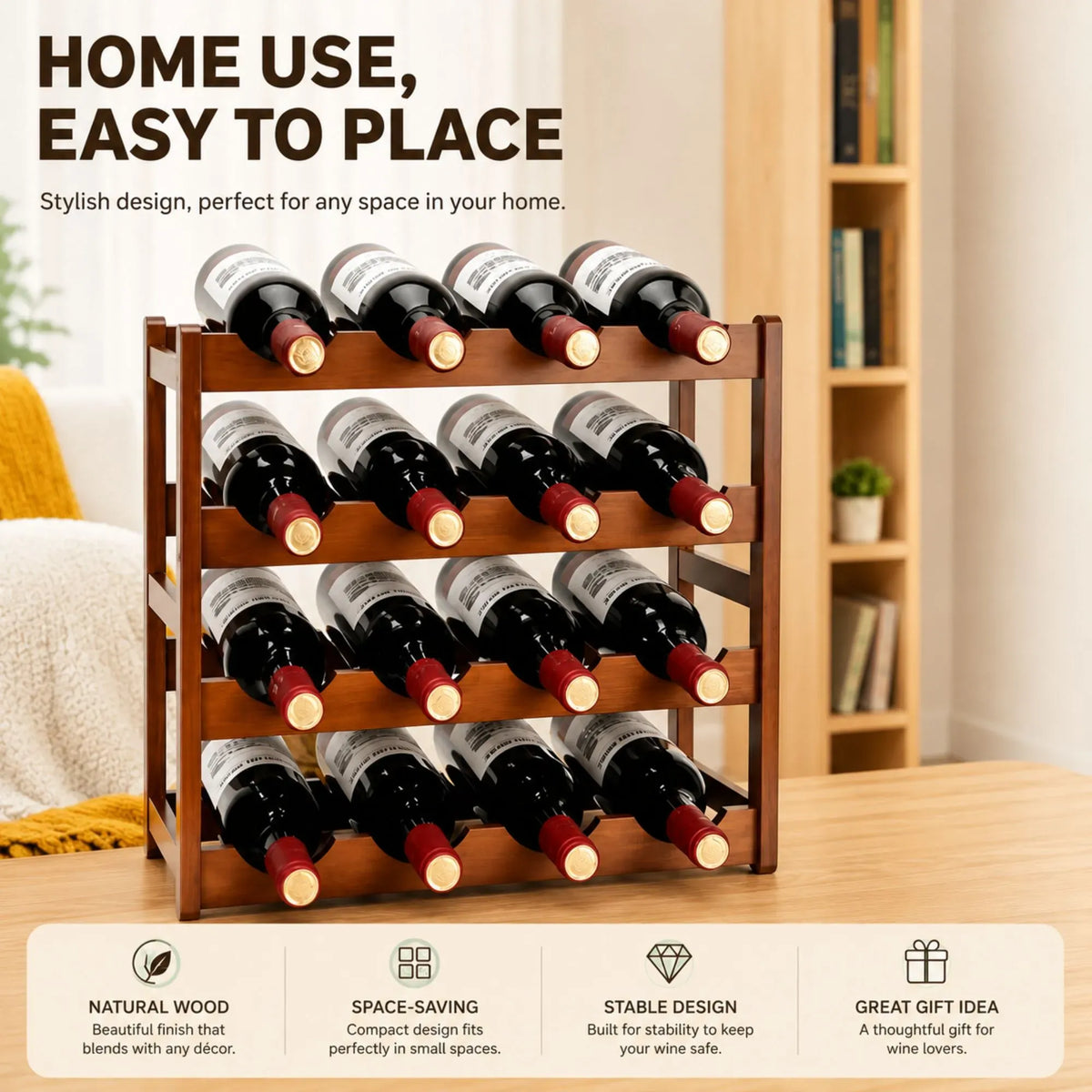 CARLA HOME 4 Tier Wooden Wine Rack, 16 Bottle Storage, Brown
