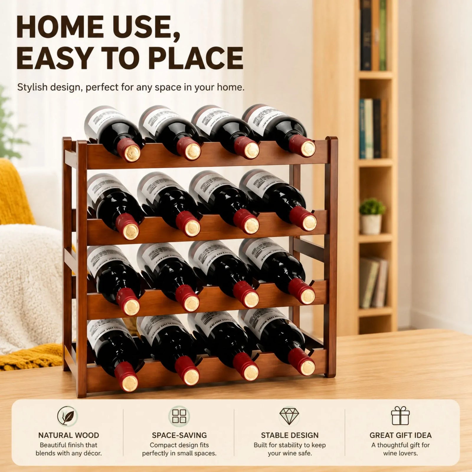 CARLA HOME 4 Tier Wooden Wine Rack, 16 Bottle Storage, Brown