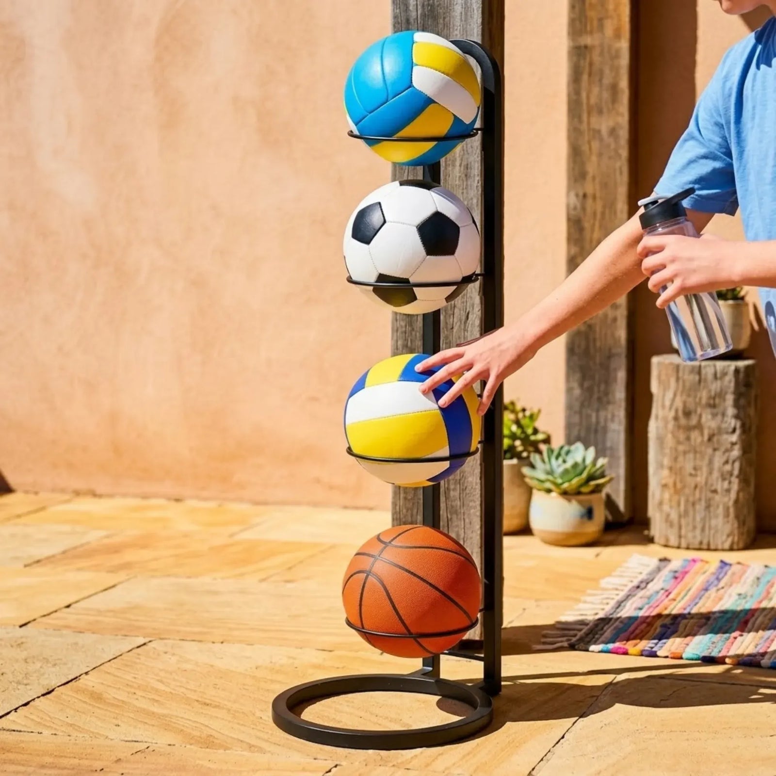 CARLA HOME 4 Tier Ball Storage Rack - Vertical Metal Stand - Black - Basketball Hoop