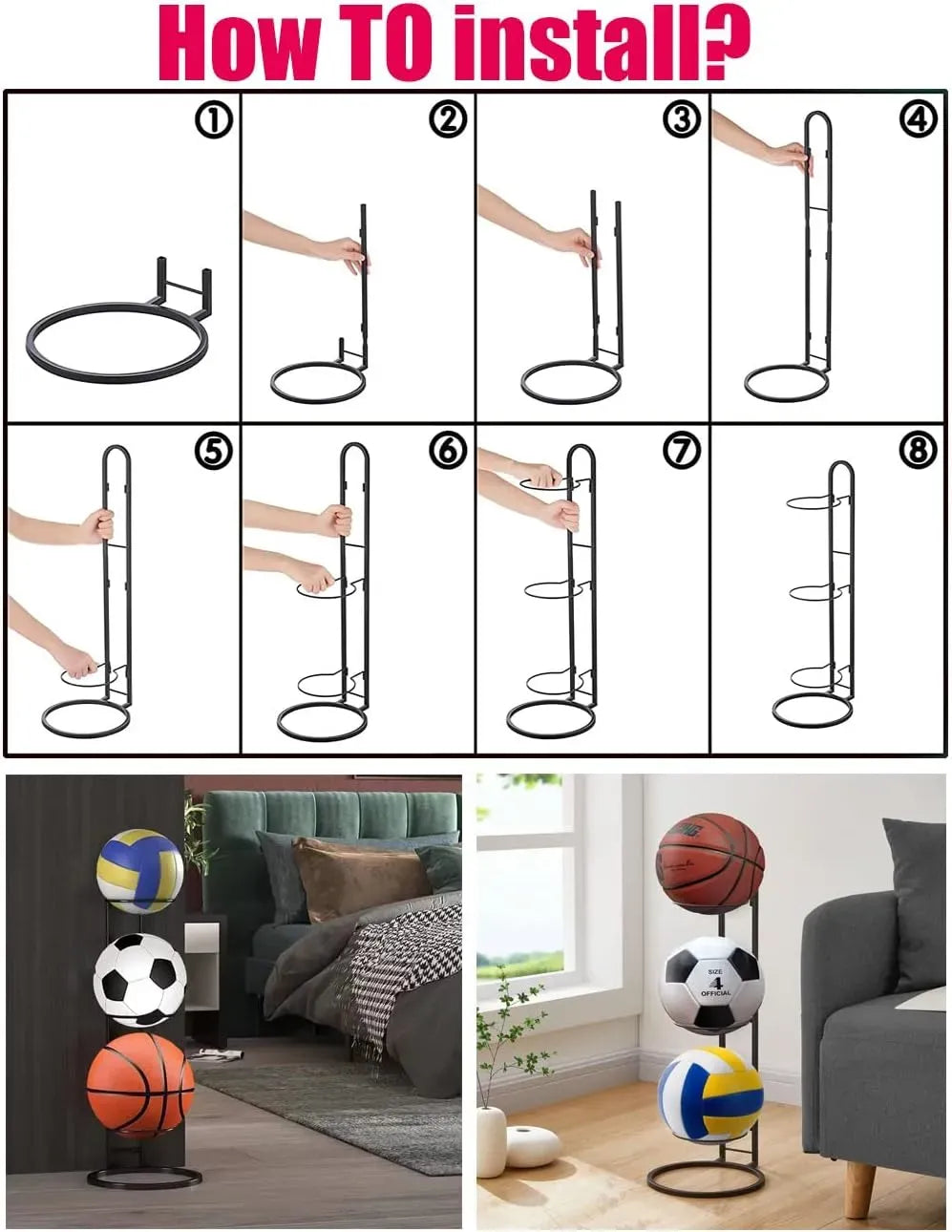 CARLA HOME 4 Tier Ball Storage Rack - Vertical Metal Stand - Black - Basketball Hoop